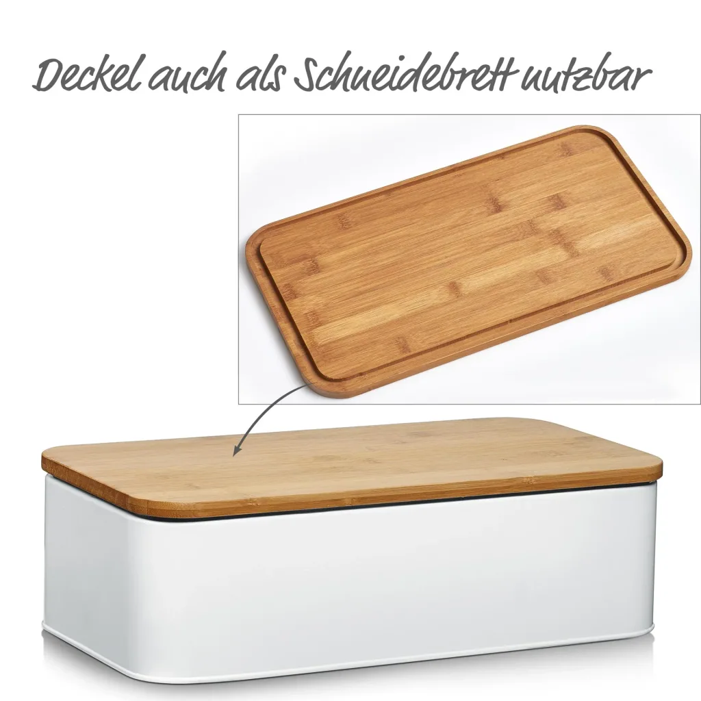 Bread bin with bamboo lid, metal, matt white