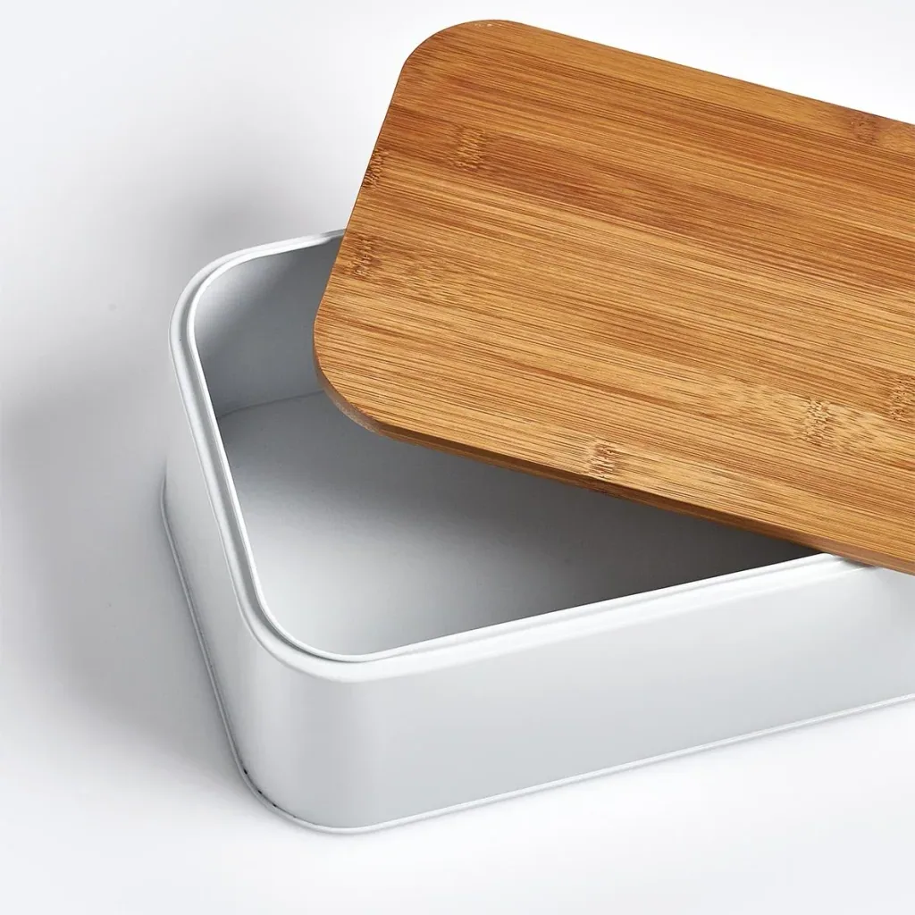 Bread bin with bamboo lid, metal, matt white
