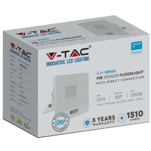 VT-128S LED Floodlight with Sensor - 20 W - 1510 Lm - 3000K - White