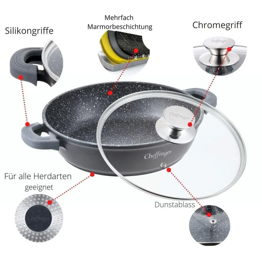 Cheffinger Casserole Dish / Low Pan / Serving Pot - Marble Coating - with Removable Silicone Handles - SS - 28cm