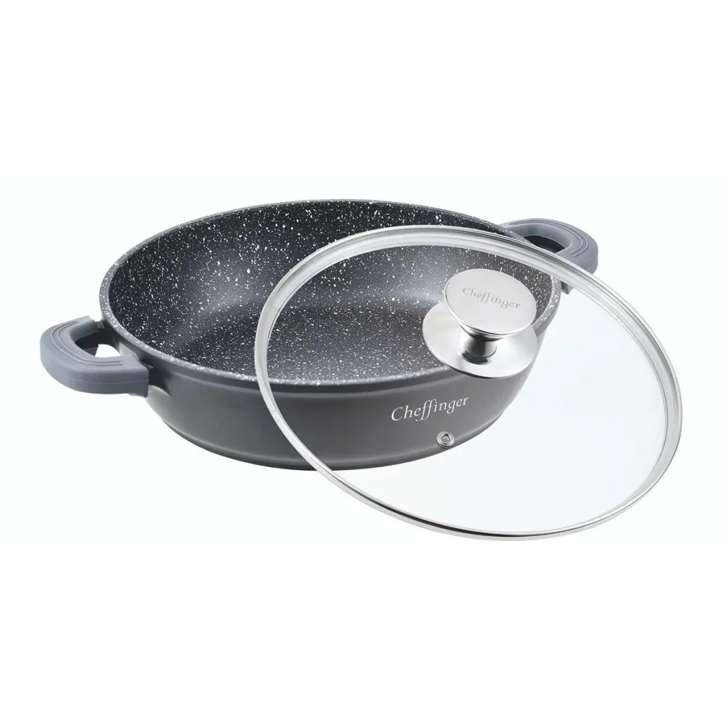Cheffinger Casserole Dish / Low Pan / Serving Pot - Marble Coating - with Removable Silicone Handles - SS - 28cm