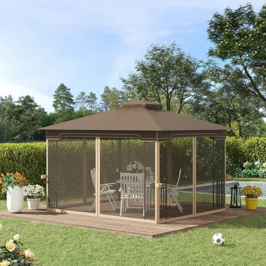 Garden arbor with umbrella - brown/beige - 3.7 x 3 m