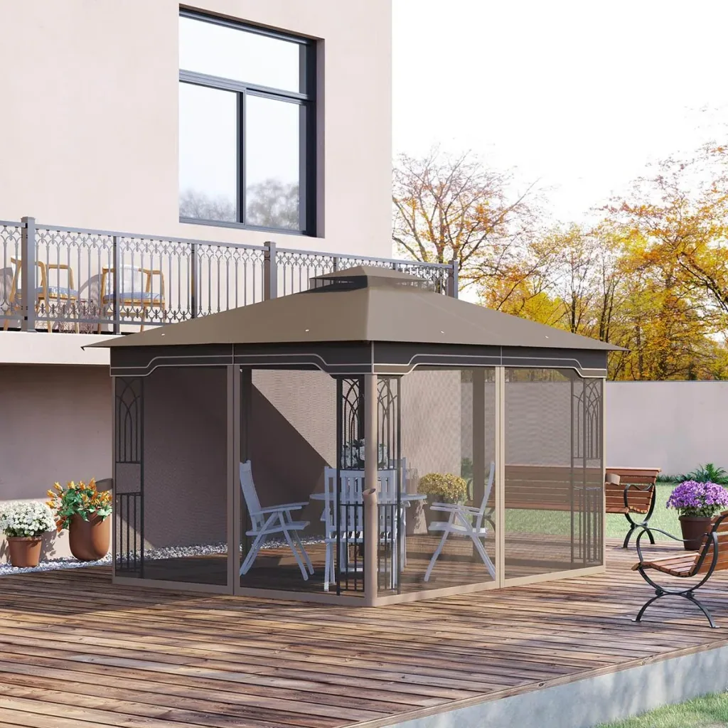 Garden arbor with umbrella - brown/beige - 3.7 x 3 m