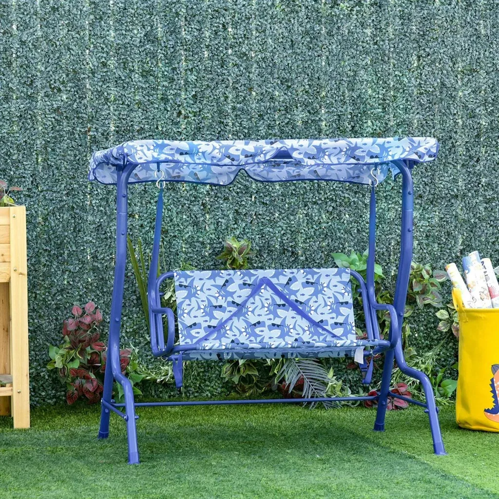 Children's Hollywood swing Children's swing with sunroof 2-seater garden swing for 3-6 years Metal Blue 110L x 70W x 11
