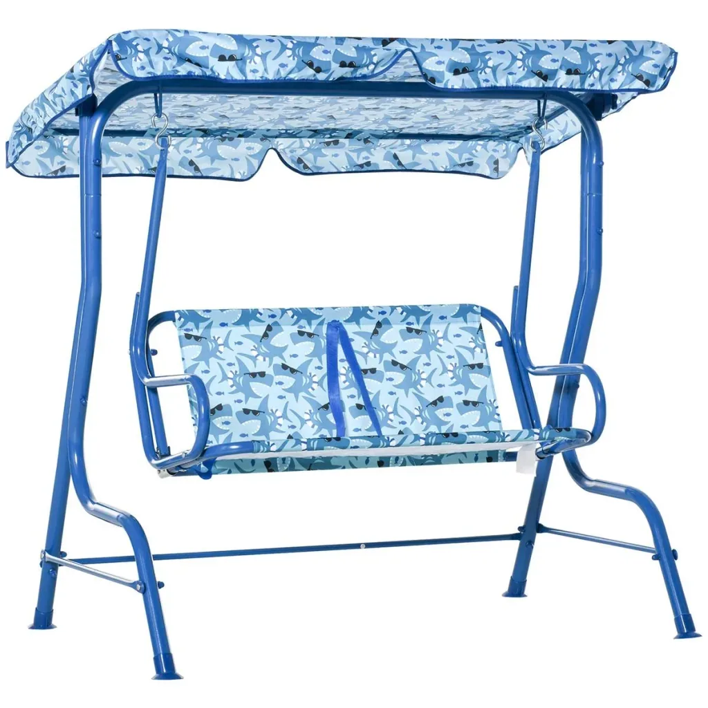 Children's Hollywood swing Children's swing with sunroof 2-seater garden swing for 3-6 years Metal Blue 110L x 70W x 11