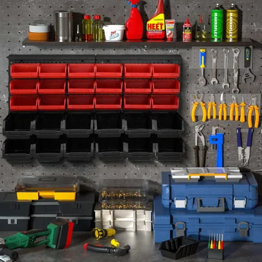 4x tool rack with stacking boxes 32 pieces - 2 wall panels of 32x38x2 cm