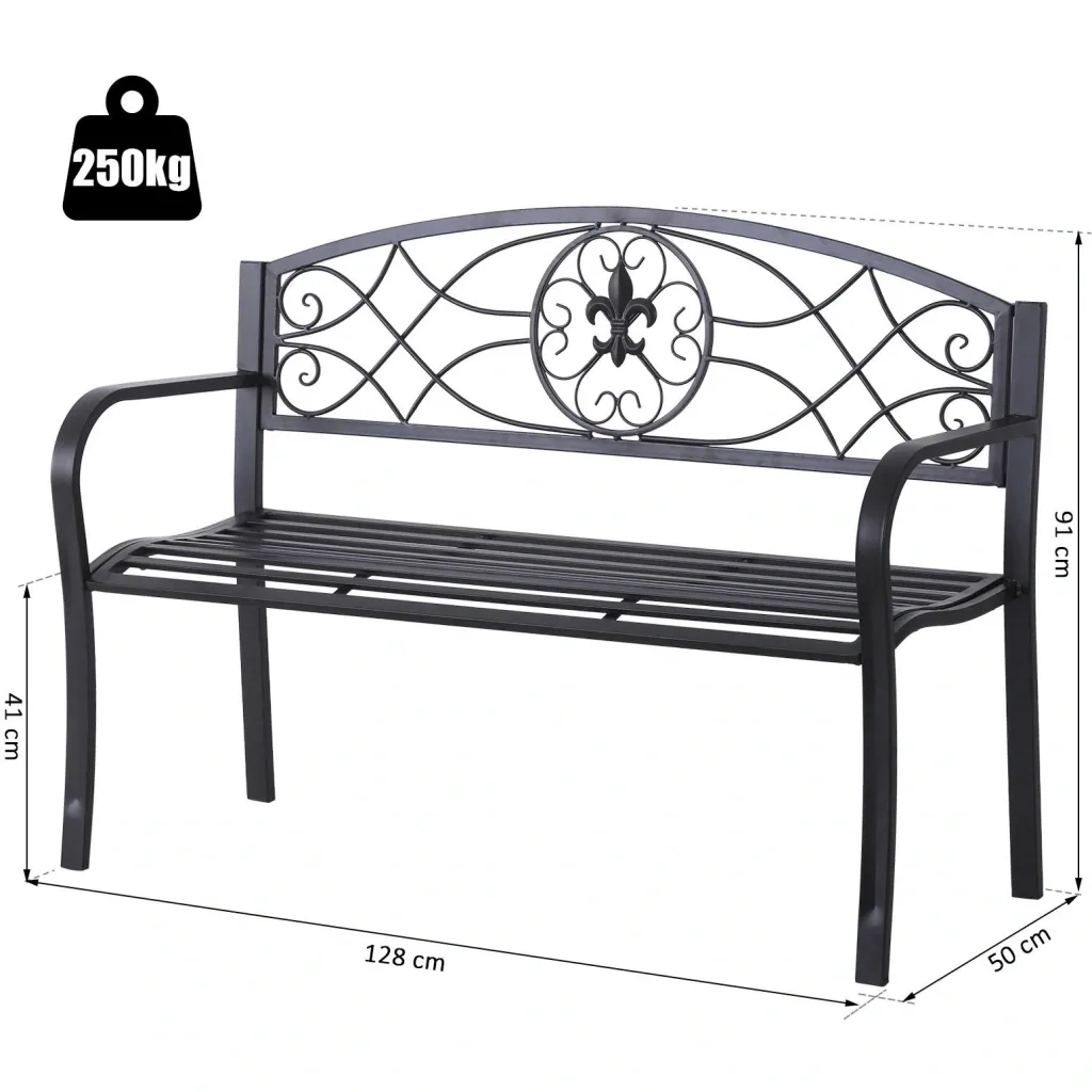 2-seater garden bench with armrests, metal bench, country house style, metal, black, 128 x 50 x 91 cm
