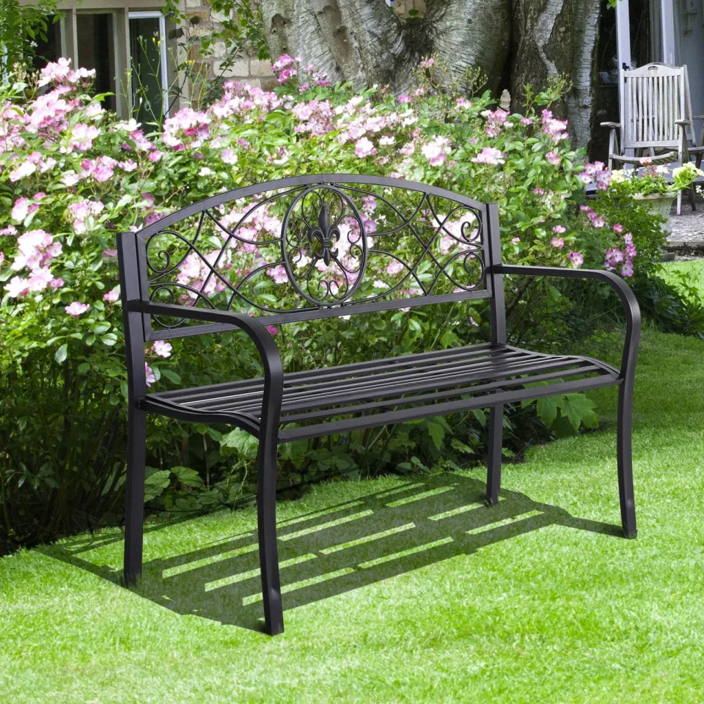 2-seater garden bench with armrests, metal bench, country house style, metal, black, 128 x 50 x 91 cm