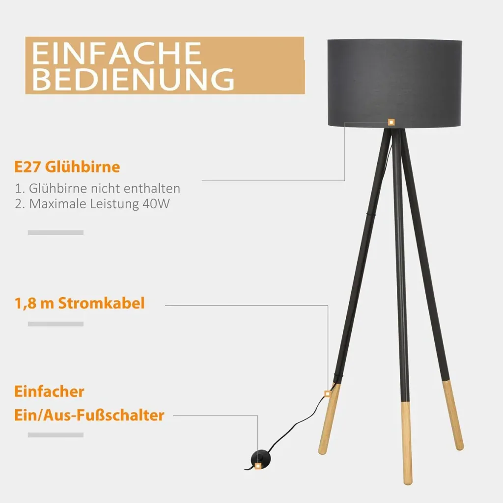 Designer floor lamp with tripod and foot switch grey