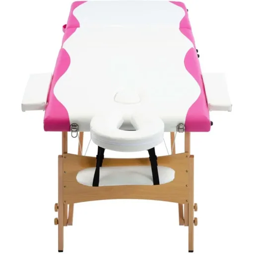Folding massage table with 3 zones wood white and pink