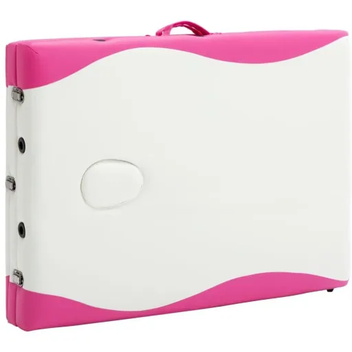 Folding massage table with 3 zones wood white and pink