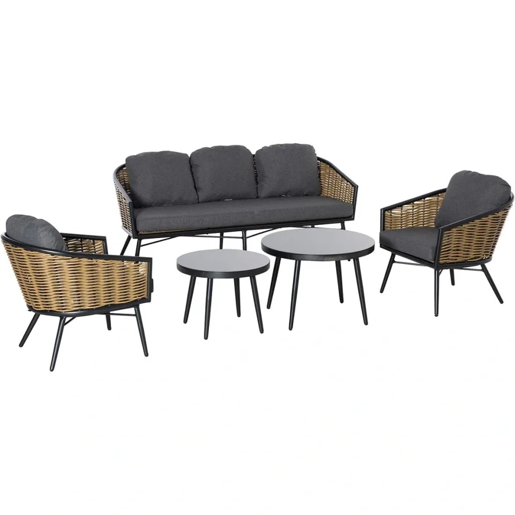 Five-piece rattan-look sofa set with two side tables, grey+natural+black