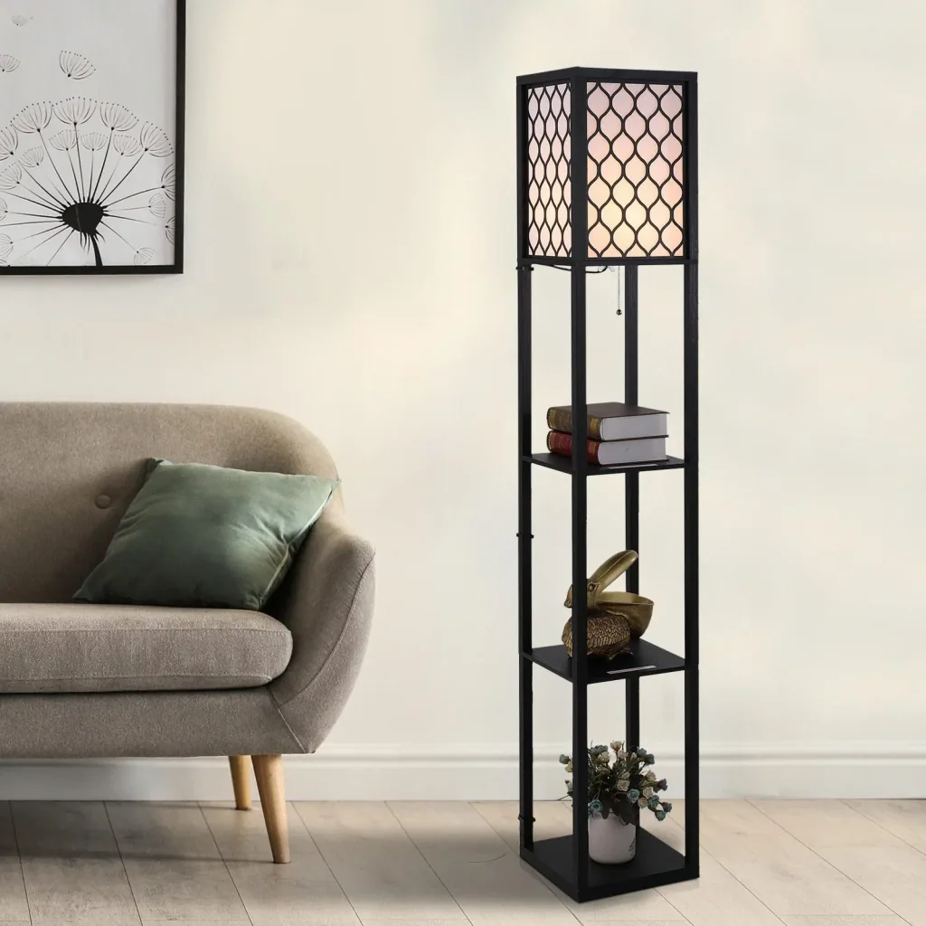 Floor lamp with shelves, interior lighting, E27 up to 40W, wood, black, 26 x 26 x 160 cm