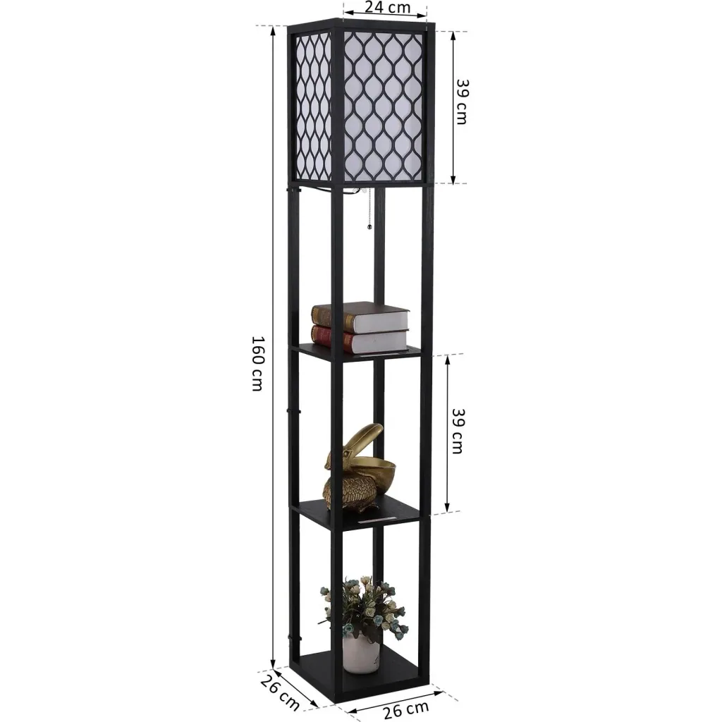 Floor lamp with shelves, interior lighting, E27 up to 40W, wood, black, 26 x 26 x 160 cm