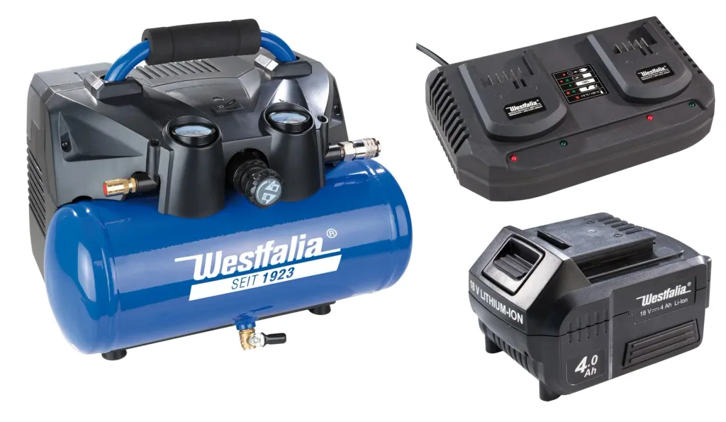 Cordless air compressor set, 2x18 Volt-4 Ah, 1x Dippel quick charger