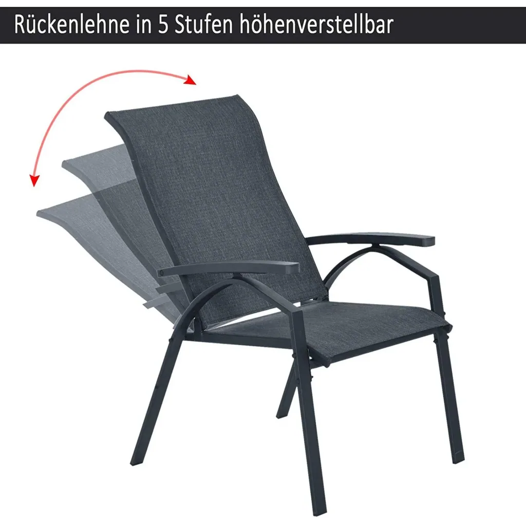 5-piece garden set, garden seating group, garden table set, garden lounger upholstered in metal + textilene grey, 2 x armchairs, 2 x stools