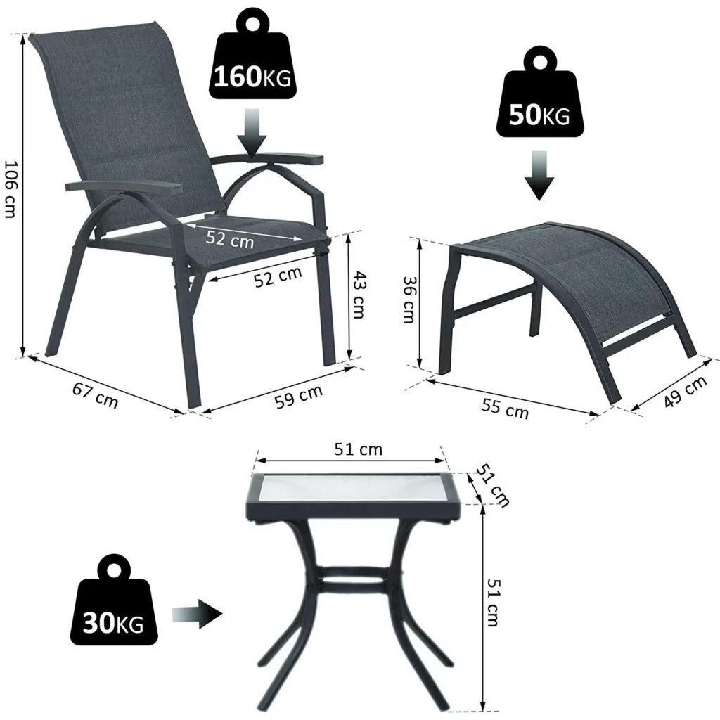 5-piece garden set, garden seating group, garden table set, garden lounger upholstered in metal + textilene grey, 2 x armchairs, 2 x stools