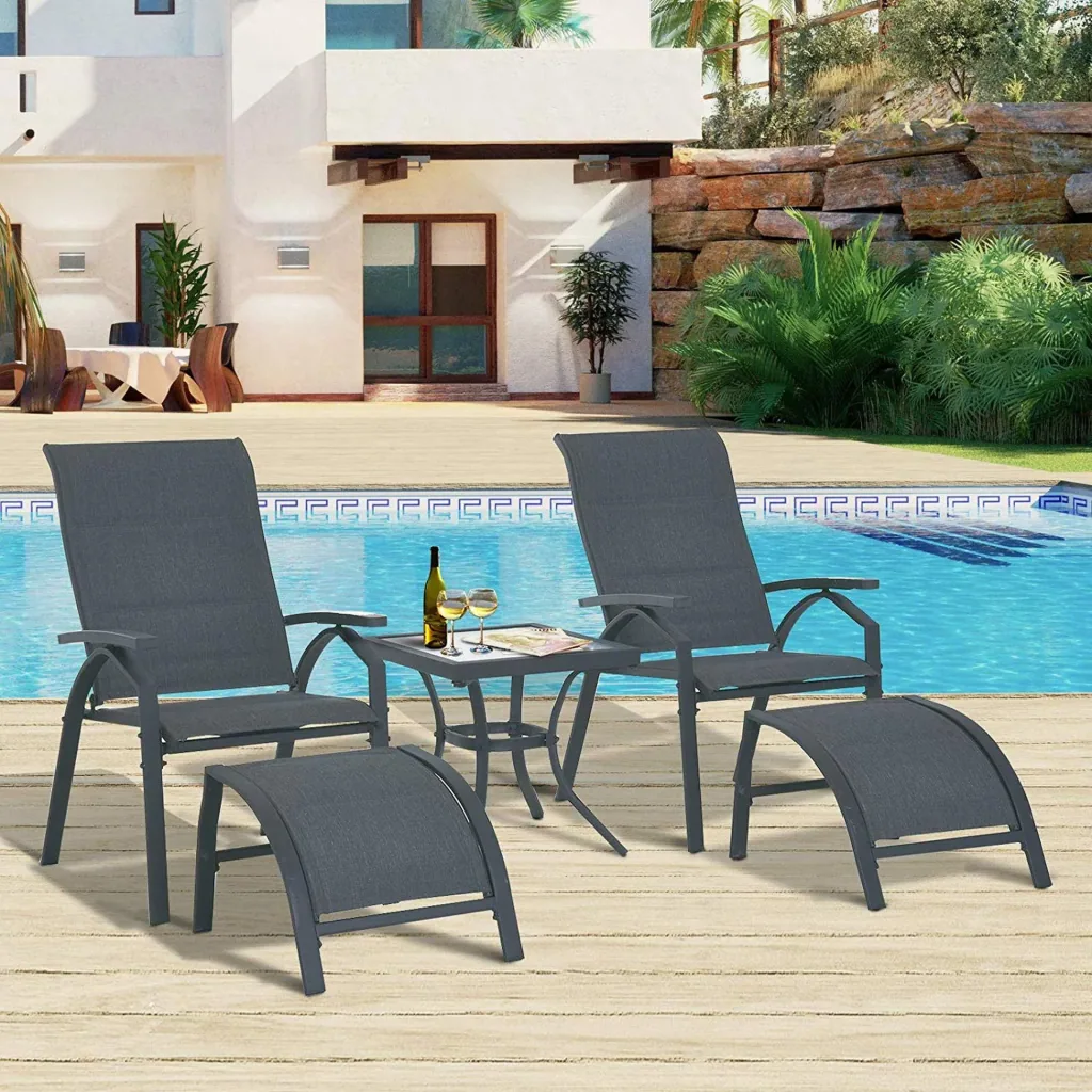 5-piece garden set, garden seating group, garden table set, garden lounger upholstered in metal + textilene grey, 2 x armchairs, 2 x stools