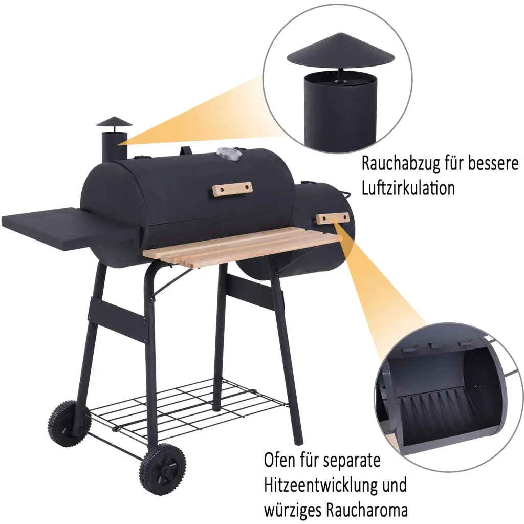 Smoker Grill BBQ Charcoal Grill Grill Cart with 2 x Combustion Chamber Chimney Black 124 x 53 x 108 cm