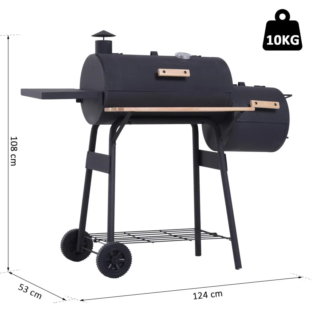 Smoker Grill BBQ Charcoal Grill Grill Cart with 2 x Combustion Chamber Chimney Black 124 x 53 x 108 cm