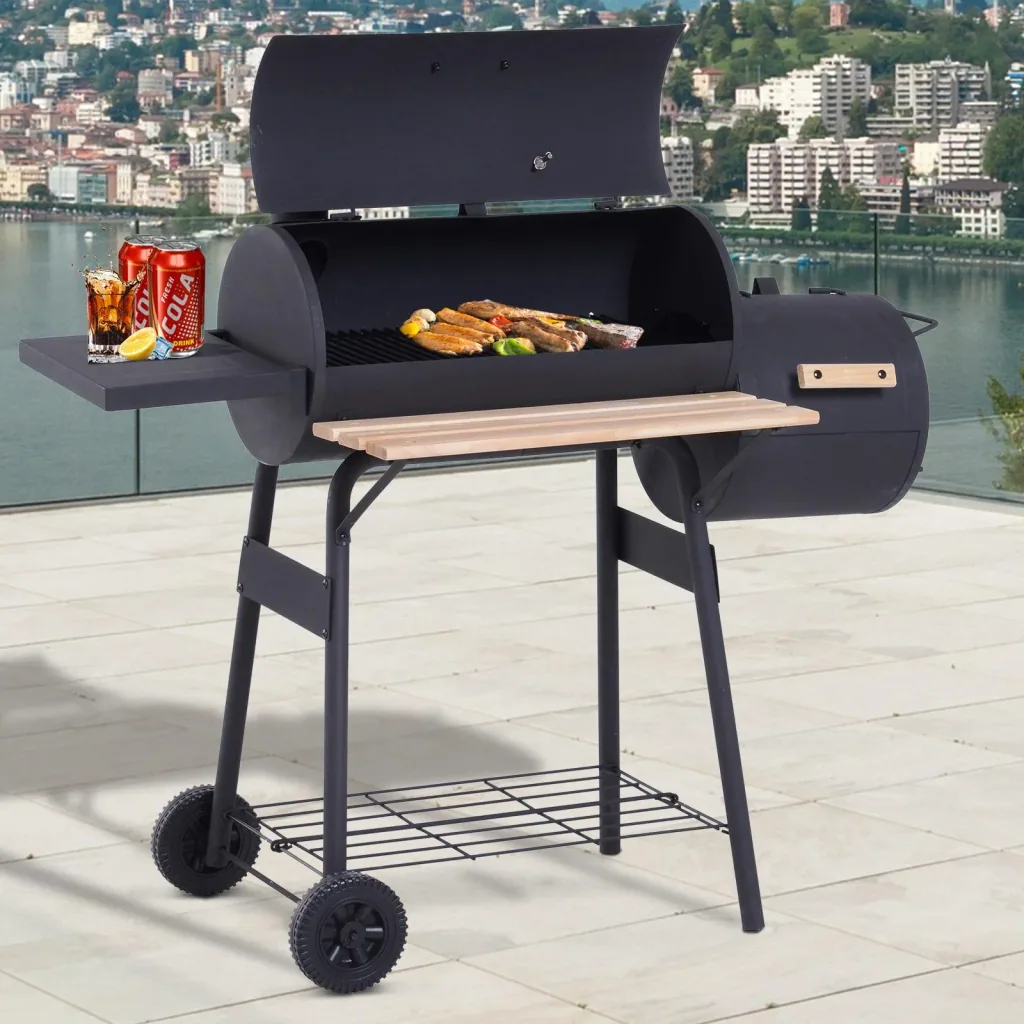Smoker Grill BBQ Charcoal Grill Grill Cart with 2 x Combustion Chamber Chimney Black 124 x 53 x 108 cm