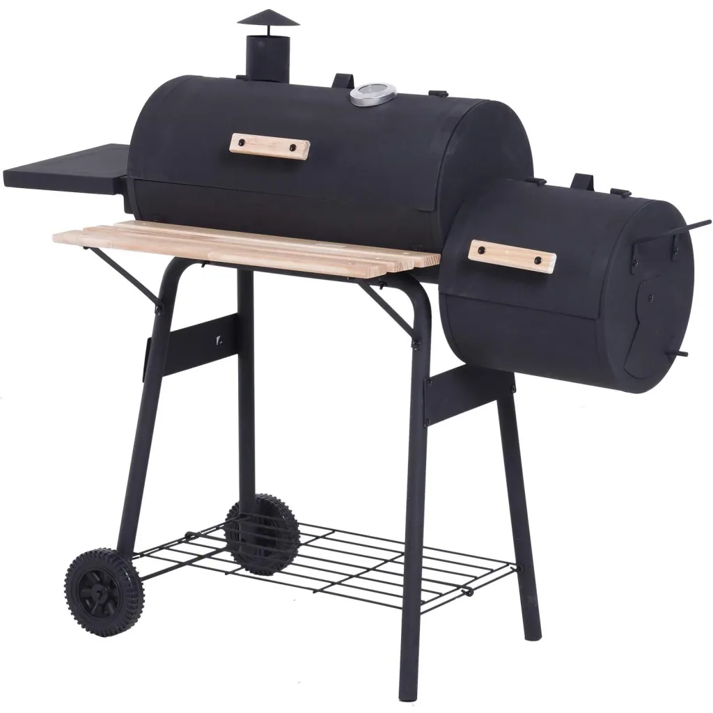 Smoker Grill BBQ Charcoal Grill Grill Cart with 2 x Combustion Chamber Chimney Black 124 x 53 x 108 cm