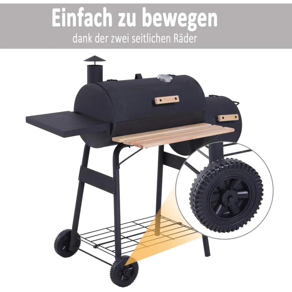 Smoker Grill BBQ Charcoal Grill Grill Cart with 2 x Combustion Chamber Chimney Black 124 x 53 x 108 cm