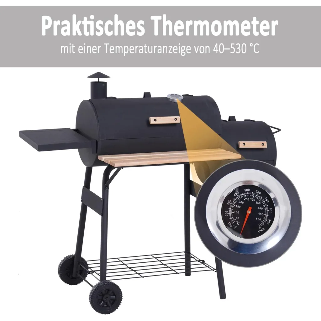 Smoker Grill BBQ Charcoal Grill Grill Cart with 2 x Combustion Chamber Chimney Black 124 x 53 x 108 cm