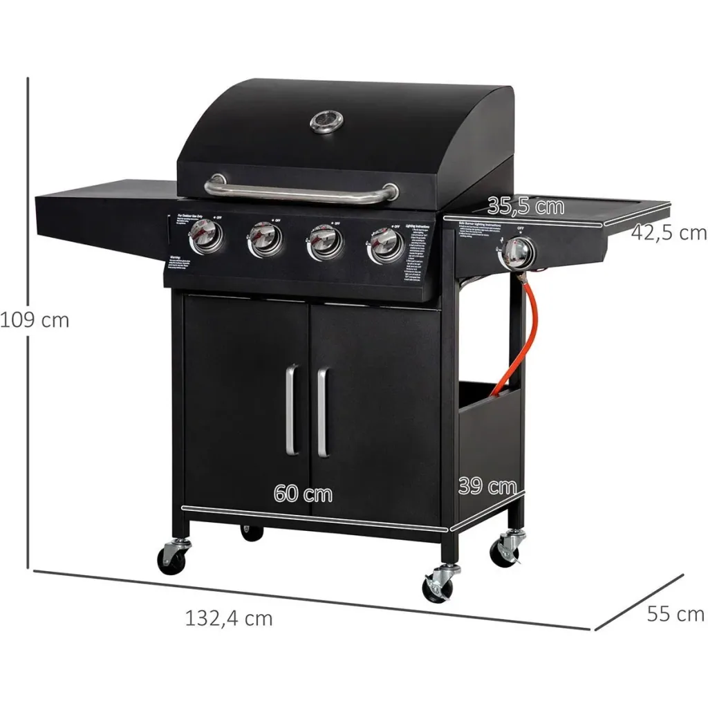 Gas grill - 4 burners - 1 side burner - Black - 132 x 55 x 109 cm