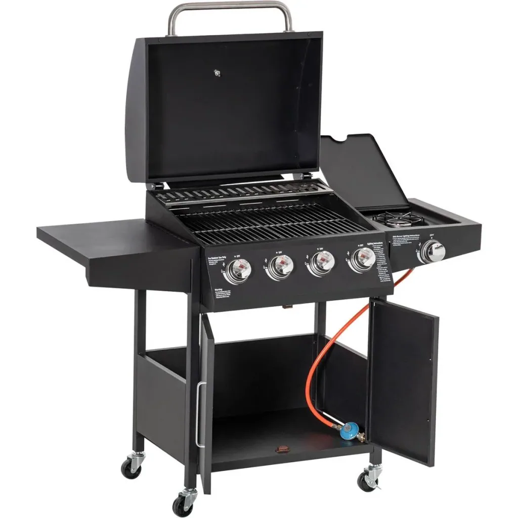 Gas grill - 4 burners - 1 side burner - Black - 132 x 55 x 109 cm