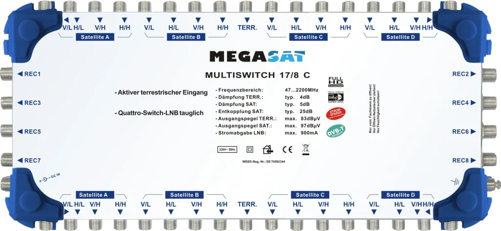 Multiswitch 17/8 C - Expandable system. Suitable for 4 satellites and up to 8 participants per multiswitch.