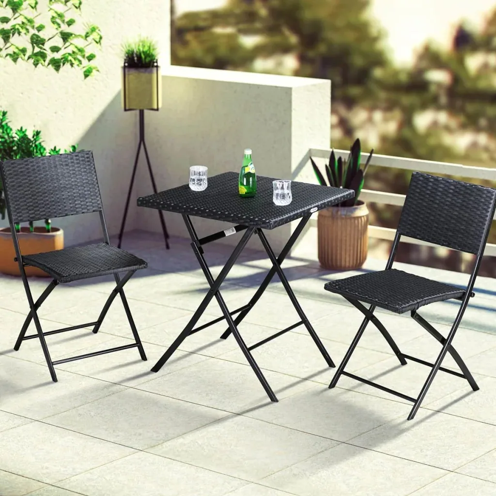 3-piece garden set - table, folding chairs - polyrattan - black
