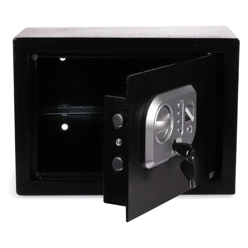 Safe with numeric code and fingerprint sensor