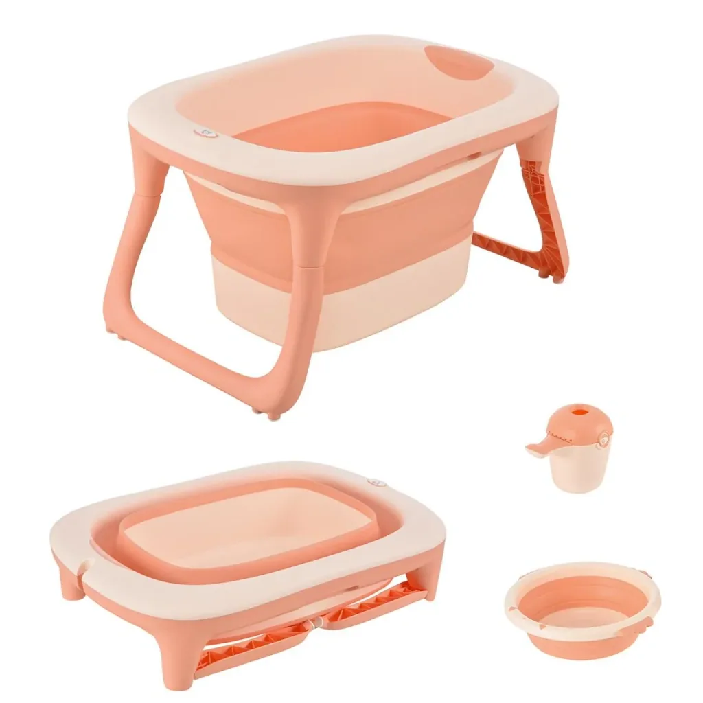 Foldable baby bath with sink and shampoo cup