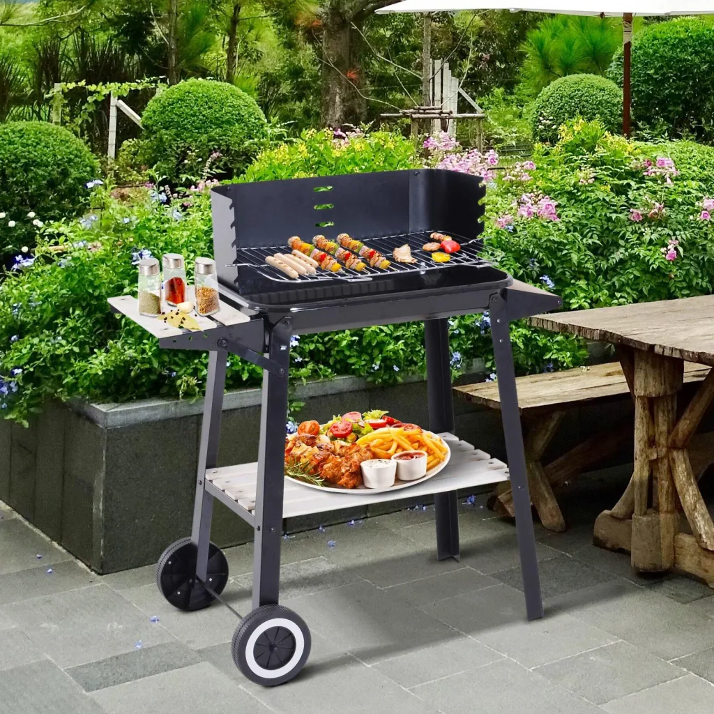 Grill cart stand grill charcoal grill with wind protection 2 x storage compartment height adjustable grill grate metal black 87 x 45 x 8