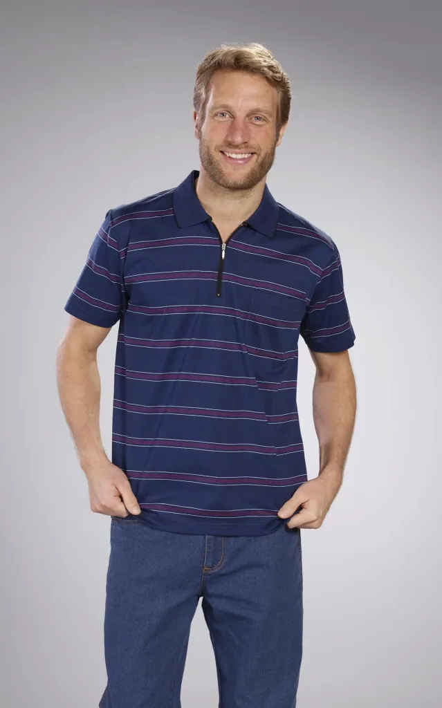 Polo shirt with zipper, cobalt striped, size 2XL