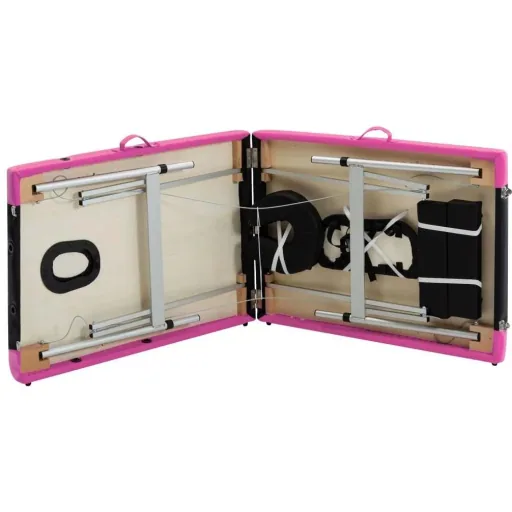 Folding massage table with 2 zones, aluminum black and pink