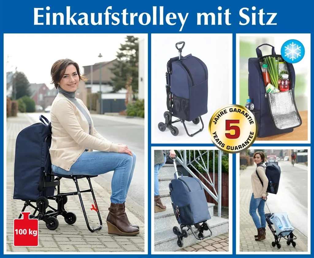 Stair-climber shopping trolley with seat, blue