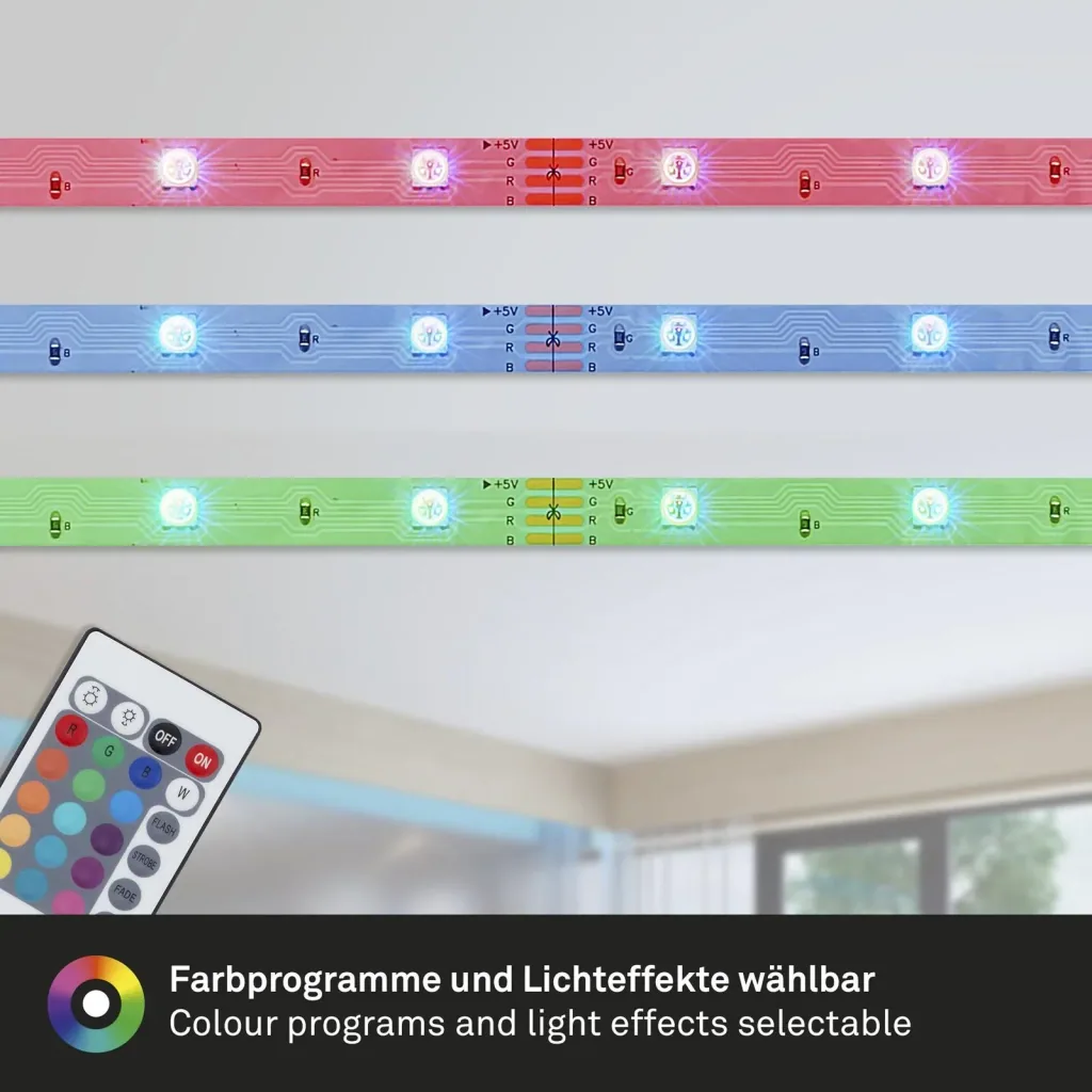 RGB LED strip, 3m, 90 RGB LEDs, 1A power supply, flexible, self-adhesive, universally shortenable