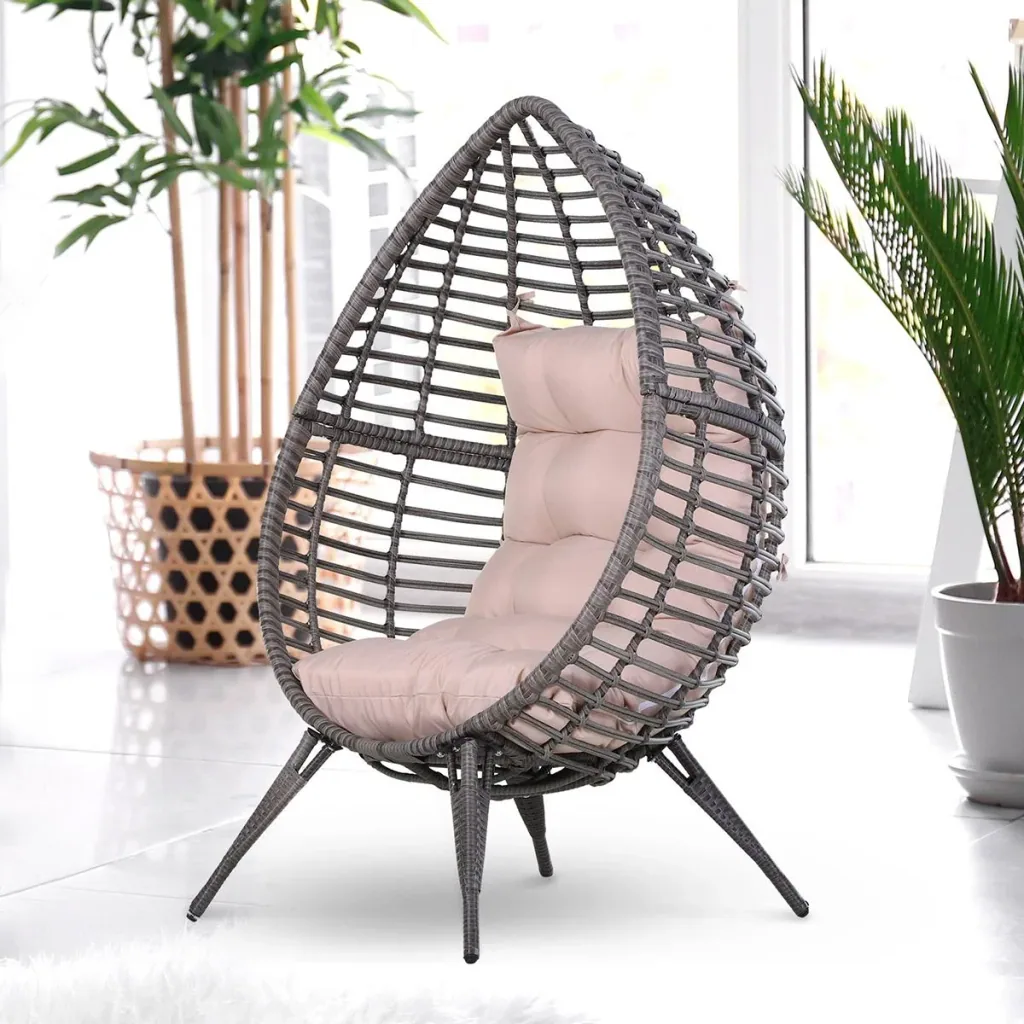 Teardrop-shaped rattan chair, garden chair with seat cushion, raised rattan chair, steel, beige, 101 x 89 x 156 cm