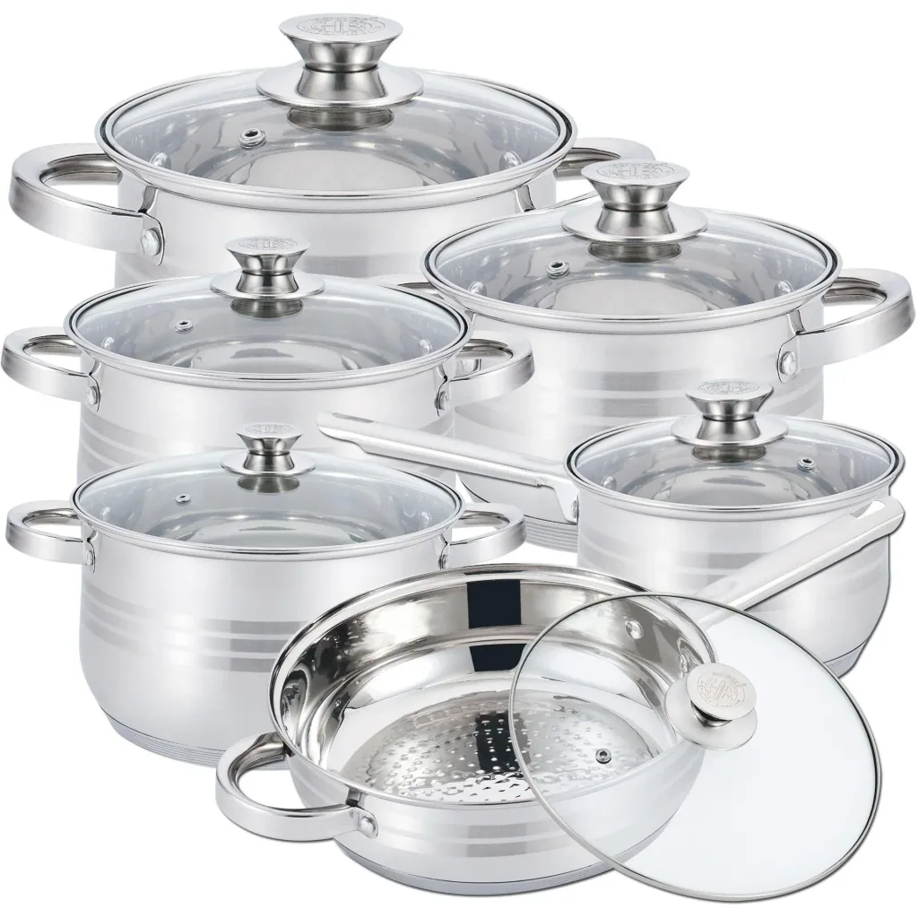 16-piece stainless steel cookware set with metal lids