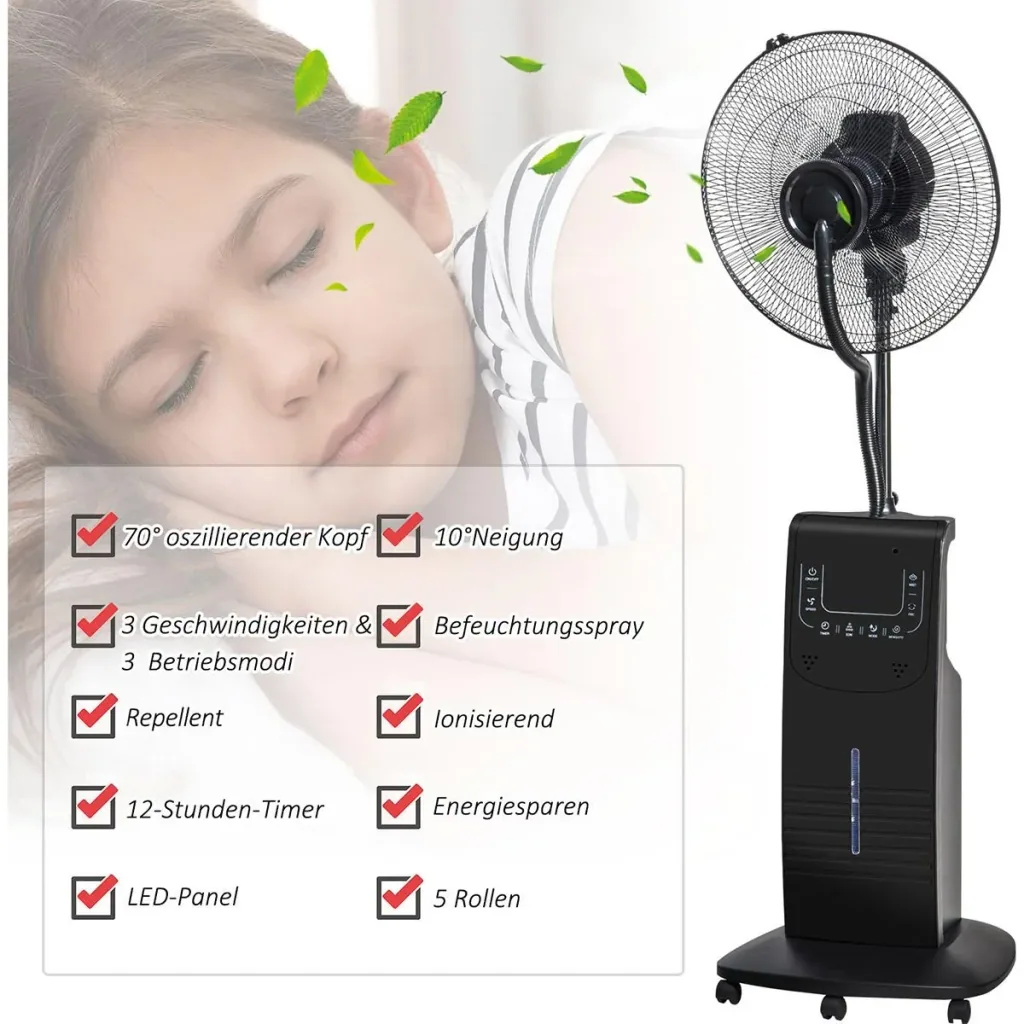 Mist pedestal fan with 3 modes black