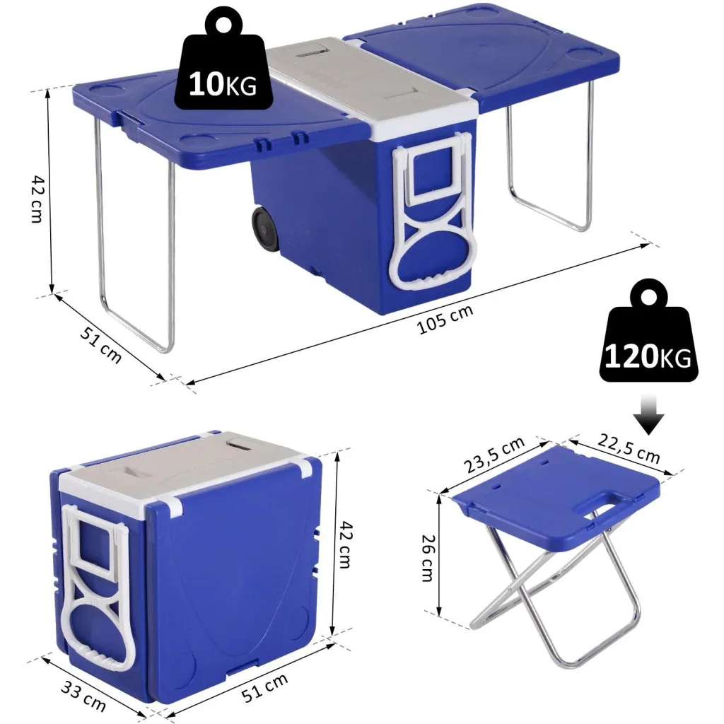 Cooler box with wheels 28L portable camping 3-in-1 set with 1 side table + 2 stools foldable