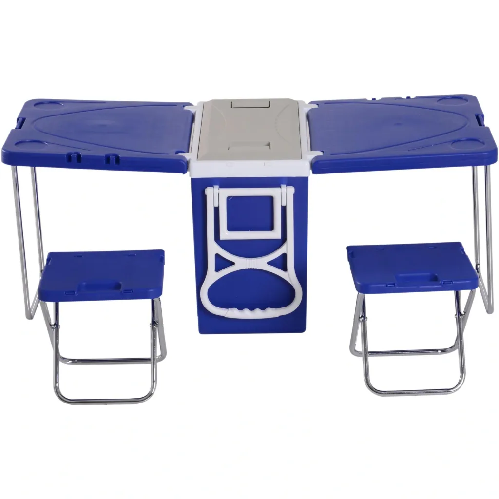 Cooler box with wheels 28L portable camping 3-in-1 set with 1 side table + 2 stools foldable