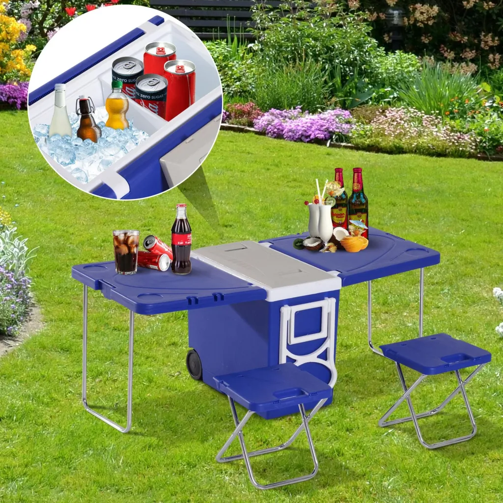 Cooler box with wheels 28L portable camping 3-in-1 set with 1 side table + 2 stools foldable