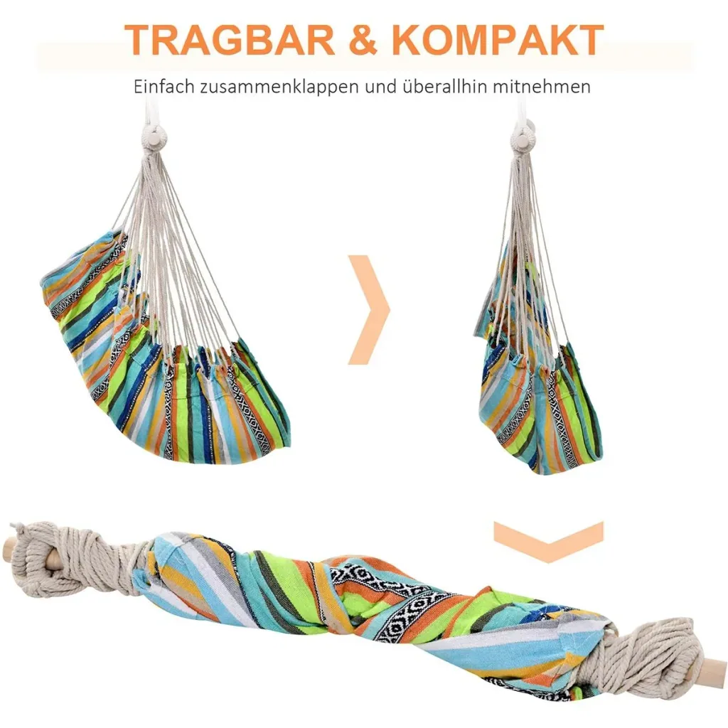 Hanging chair with two additional seat cushions, colorful striped