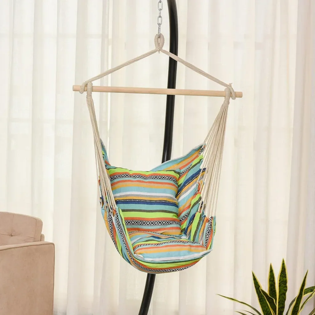 Hanging chair with two additional seat cushions, colorful striped