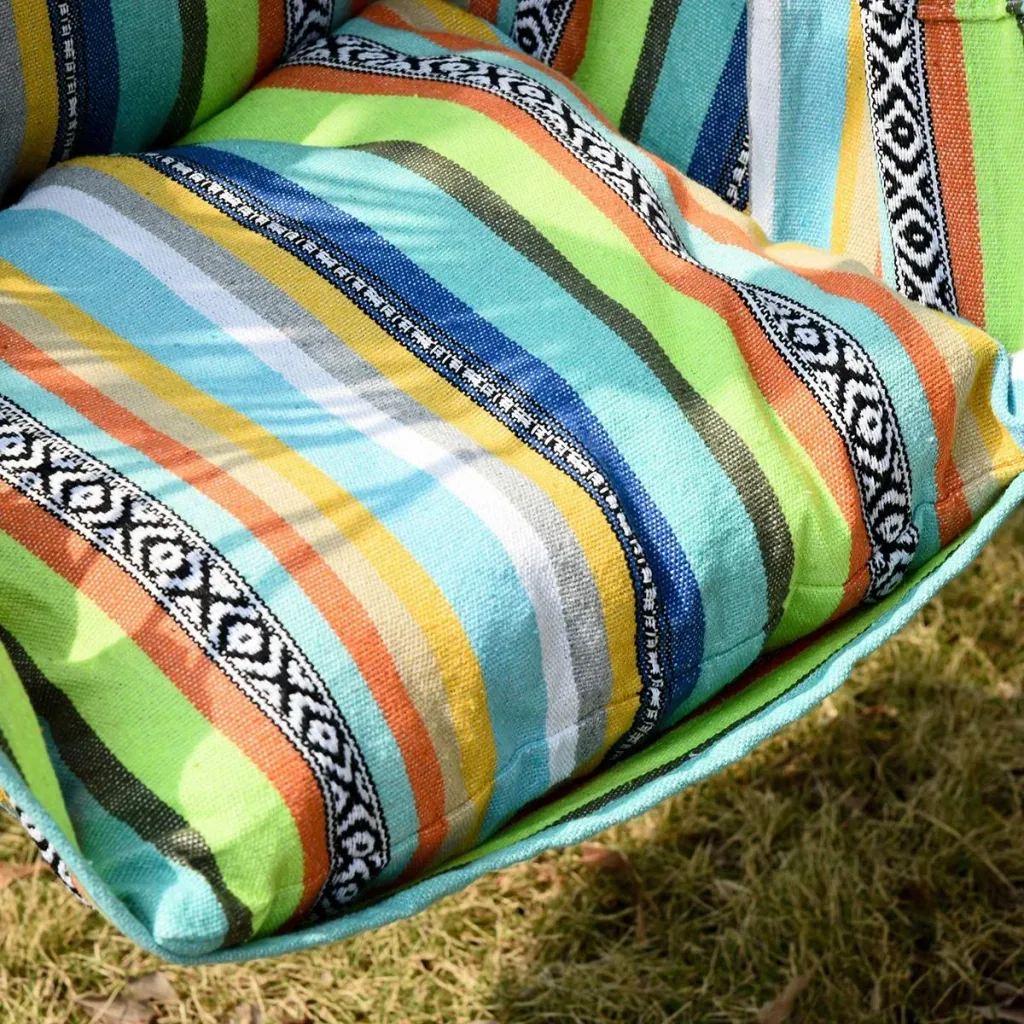 Hanging chair with two additional seat cushions, colorful striped