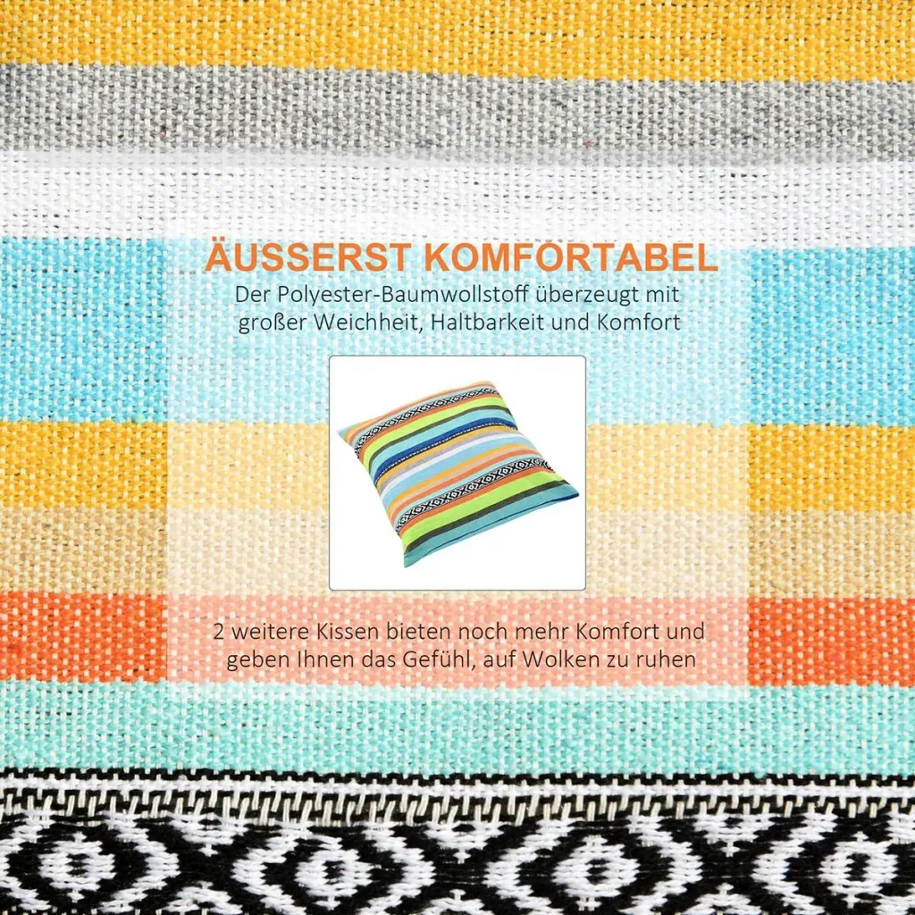 Hanging chair with two additional seat cushions, colorful striped