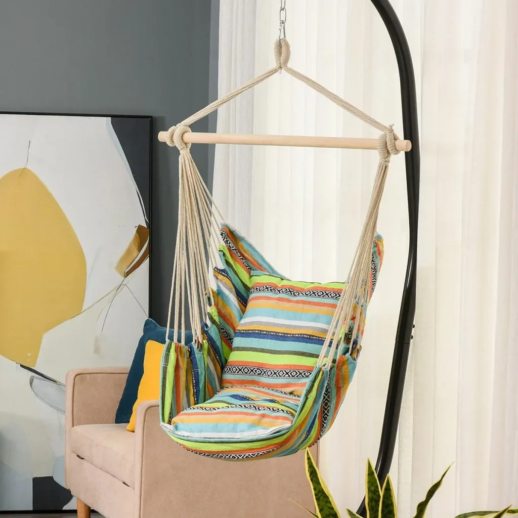 Hanging chair with two additional seat cushions, colorful striped